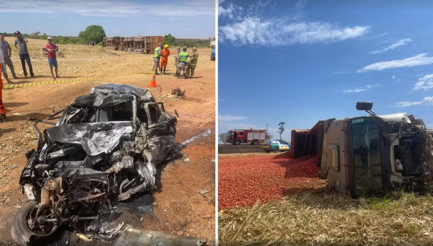 Duas pessoas morrem carbonizadas ap&oacute;s carro bater em carreta na GO-010, em Luzi&acirc;nia GO