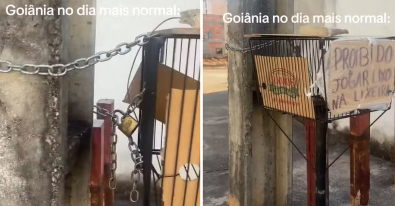 Placa em lixeira &ldquo;proibindo jogar lixo&rdquo; viraliza nas redes em Goi&acirc;nia