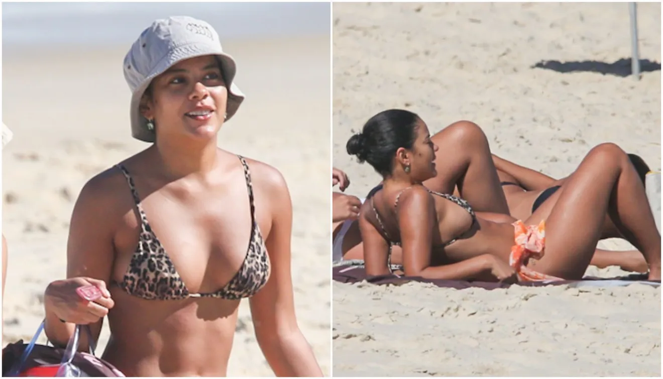De oncinha, Bella Campos renova bronzeado em praia do Rio de Janeiro