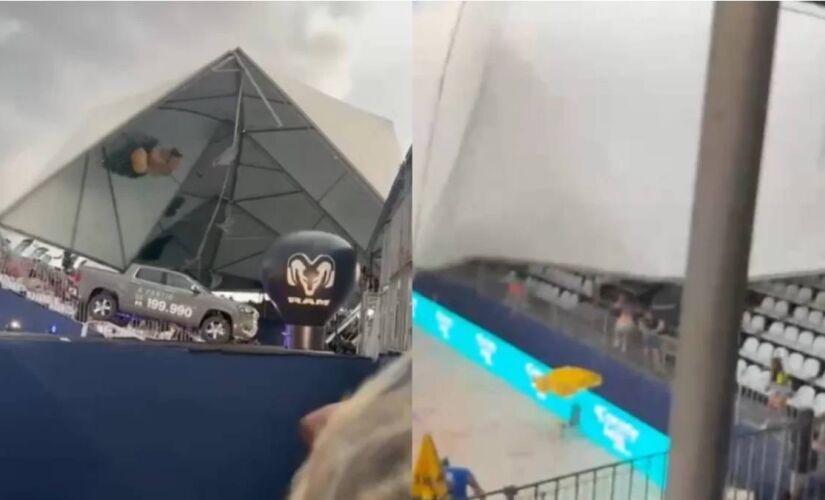 Cobertura de arquibancada cede durante torneio de beach tennis e deixa feridos; veja v&iacute;deo