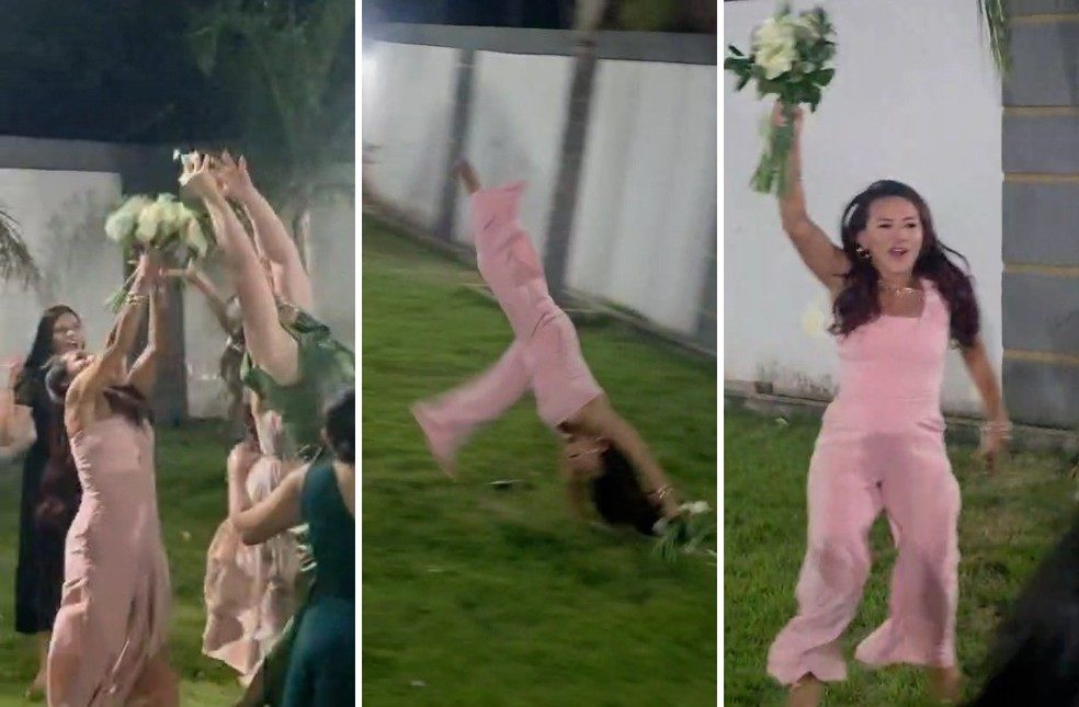 Rea&ccedil;&atilde;o de empres&aacute;ria ao pegar buqu&ecirc; em casamento no Tocantins viraliza nas redes sociais
