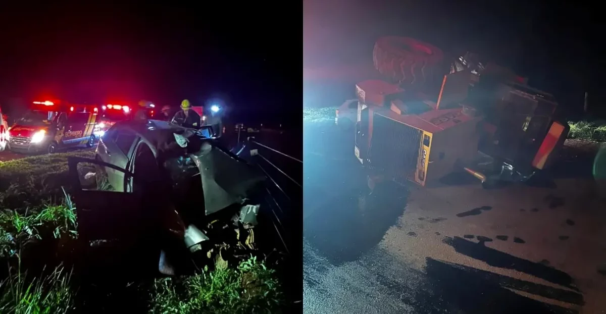 Carro bate em p&aacute; mec&acirc;nica, m&aacute;quina tomba e motorista fica em estado grave na GO-206
