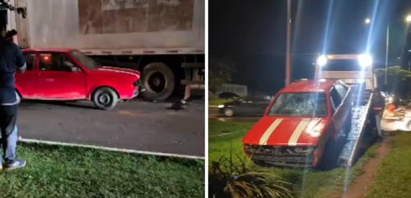 Motorista embriagado dirige na contram&atilde;o, bate em caminh&atilde;o e derruba placa em Palmas