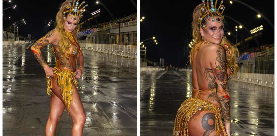 Musa Fitness Isis Camargo faz da chuva um manifesto de amor ao carnaval no 1&ordm; ensaio t&eacute;cnico do Tucuruvi