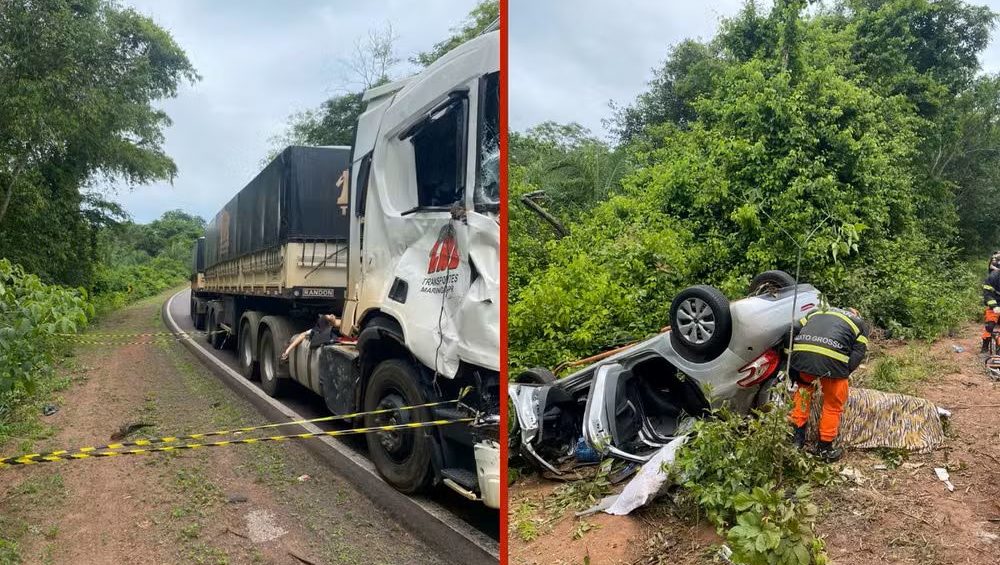 Quatro integrantes de mesma fam&iacute;lia morrem em batida entre carro e carreta na BR-070, em General Carneiro MT