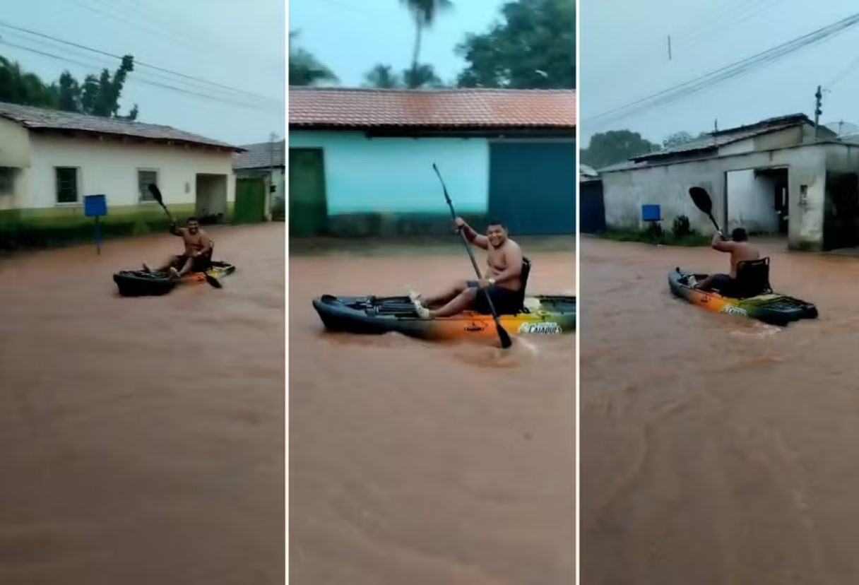 V&iacute;deo mostra morador atravessando rua de caiaque ap&oacute;s forte chuva em cidade do Tocantins