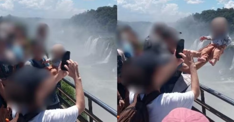 Homem arrisca vida do beb&ecirc; para tirar foto nas Cataratas do Igua&ccedil;u e cena repercute nas redes sociais