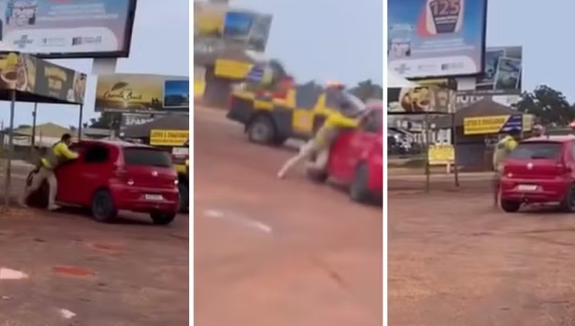 V&iacute;deo mostra agente de tr&acirc;nsito sendo arrastado por carro durante abordagem na TO-080