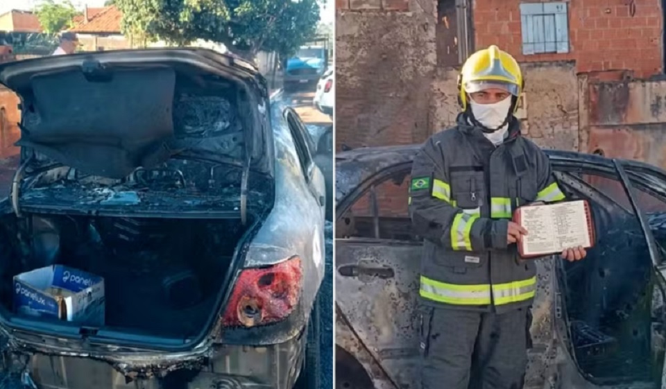 V&iacute;deo: carro &eacute; destru&iacute;do por inc&ecirc;ndio, mas detalhe encontrado no porta-malas surpreende bombeiros