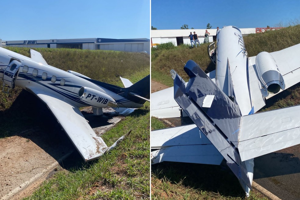 Jato perde controle ao pousar, sai da pista e bate em barranco em aeroporto de SP