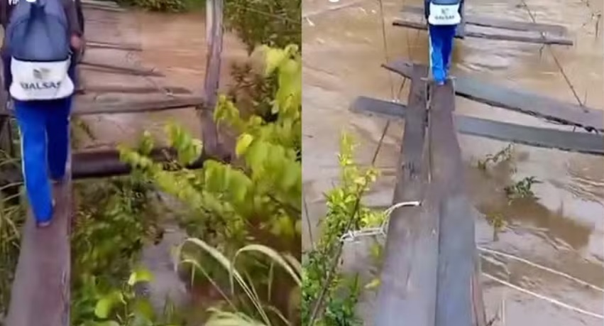Crian&ccedil;as enfrentam ponte prec&aacute;ria sobre rio para ir &agrave; escola e risco preocupa moradores; veja v&iacute;deo