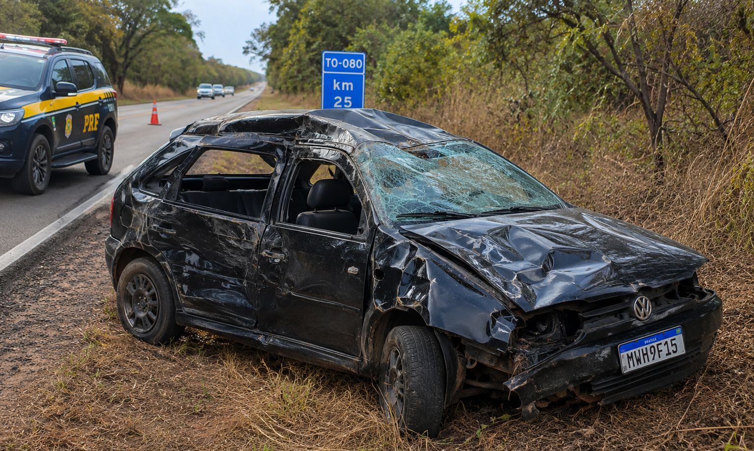Acidente na TO-080 deixa carro destru&iacute;do entre Para&iacute;so e Monte Santo