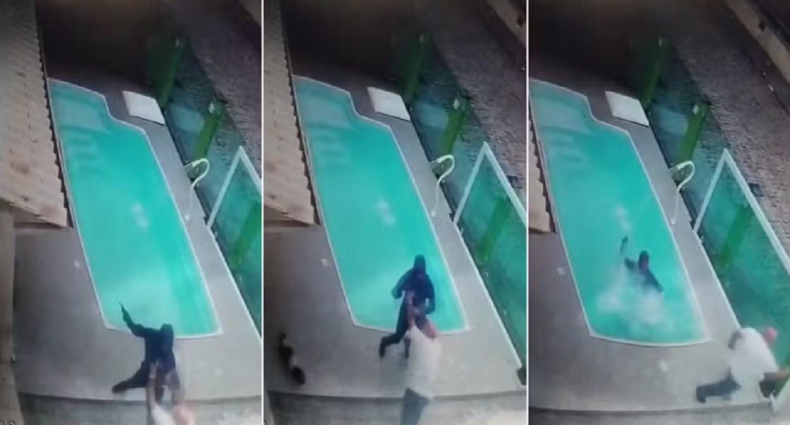 Dono de casa empurra assaltante na piscina durante roubo e consegue escapar; veja o v&iacute;deo