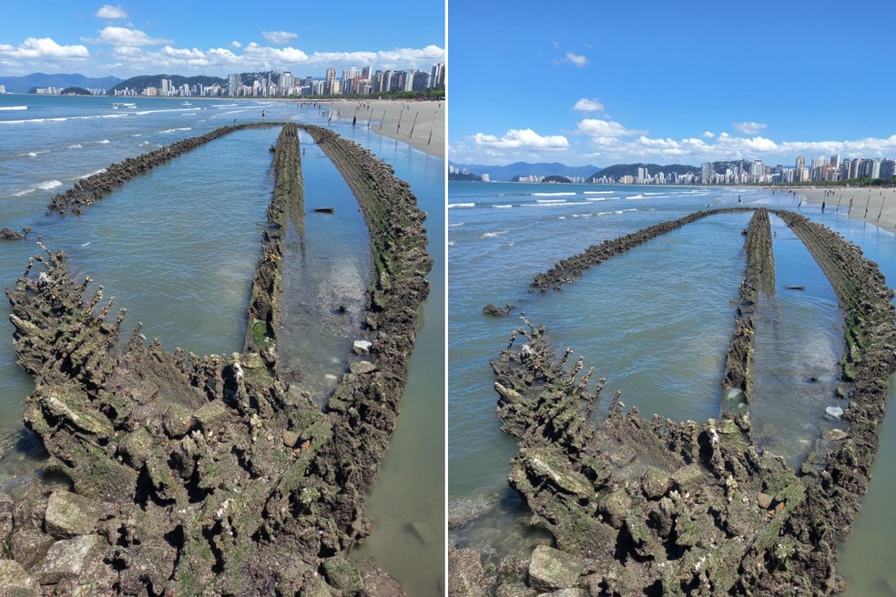 “Navio fantasma” reaparece em praia de Santos (SP) e revela hist&oacute;ria de embarca&ccedil;&atilde;o naufragada h&aacute; 130 anos
